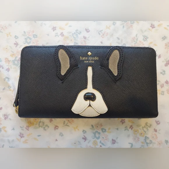 kate spade New York french bulldog wallet Long Black Leather Francois Leather